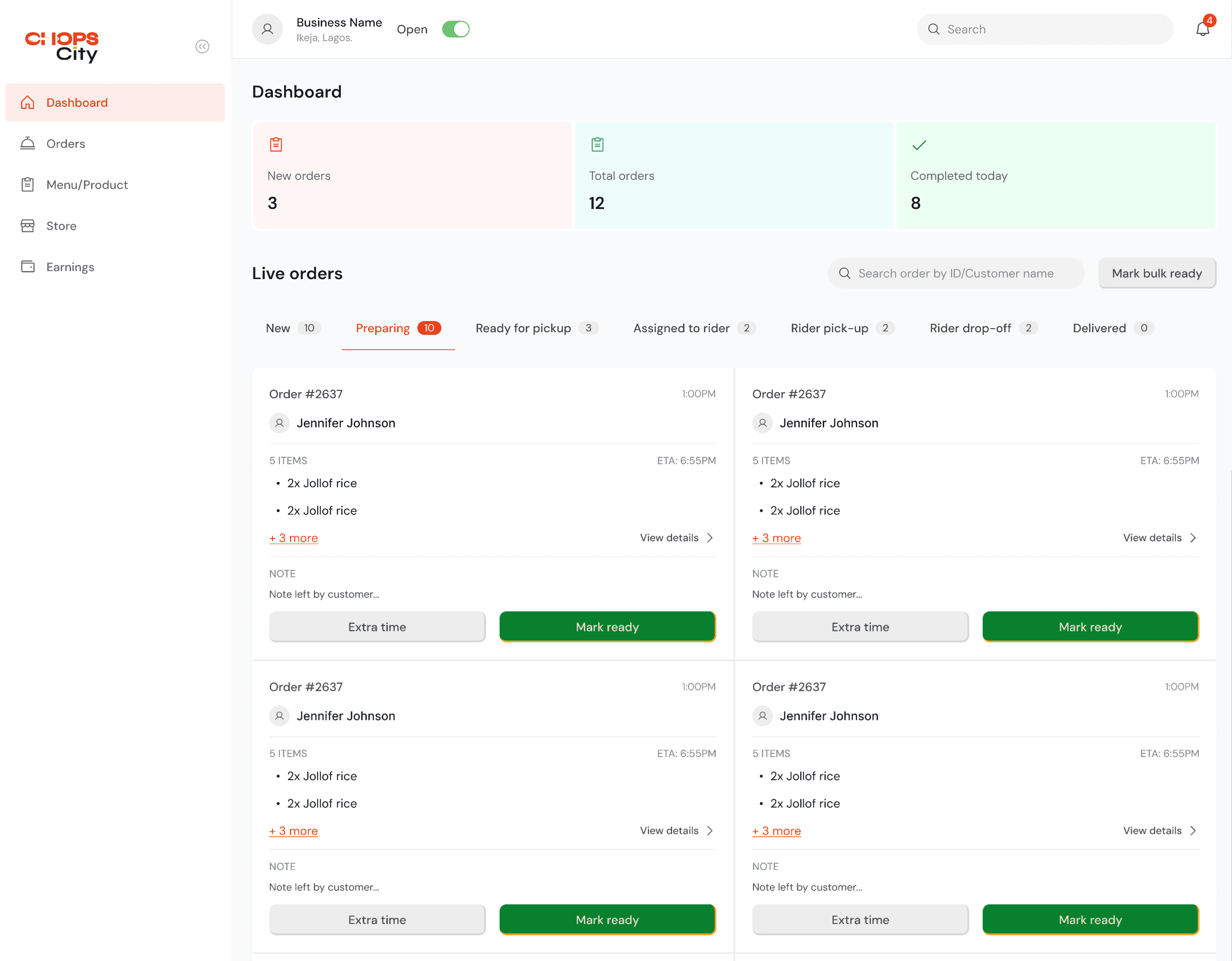 ChopsCity vendor dashboard